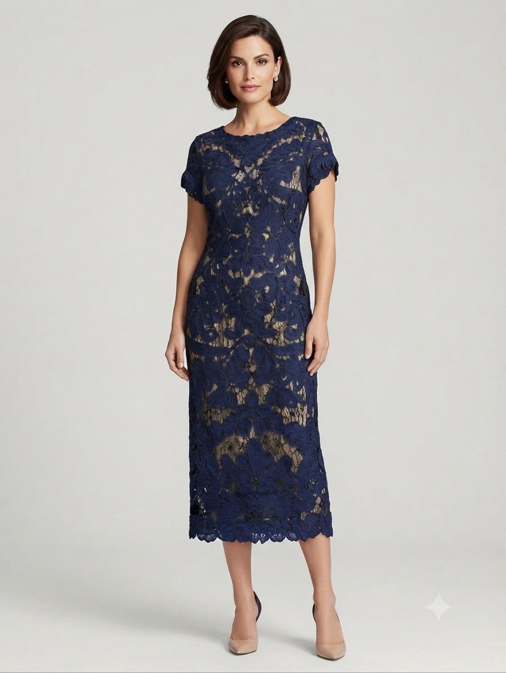 JS Collections Navy Lace Midi Dress with Short Sleeves